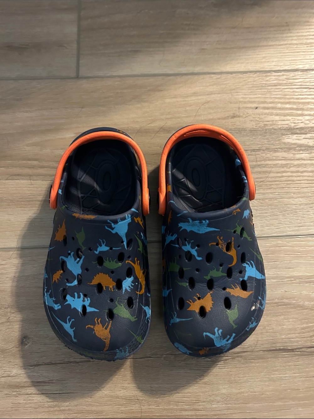 Kids Navy Dinosaur Clog Sandals with Orange Strap size kids 9/10